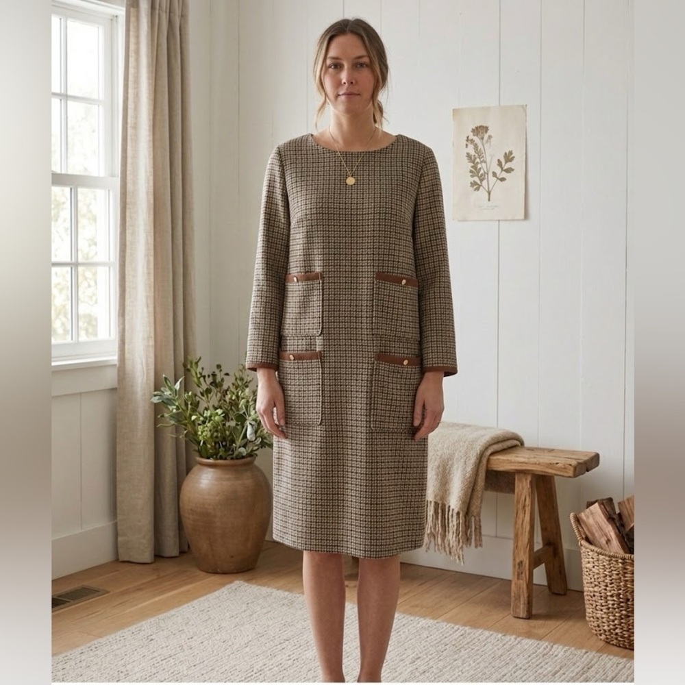Preston & York Houndstooth Wool Blend Shift Dress Minimalist Cottage Core